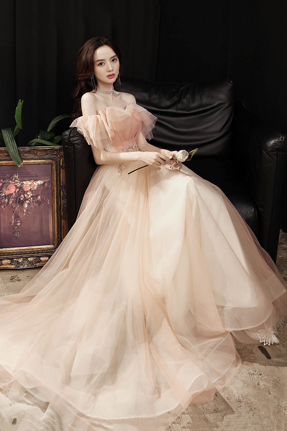 Light Pink Tulle Sequins tiered Prom Dress Evening Dress Y8389