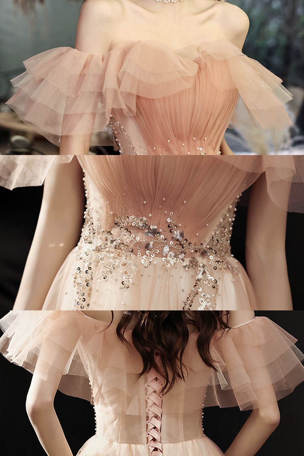 Pink tulle sequins long prom dress pink evening dress s109