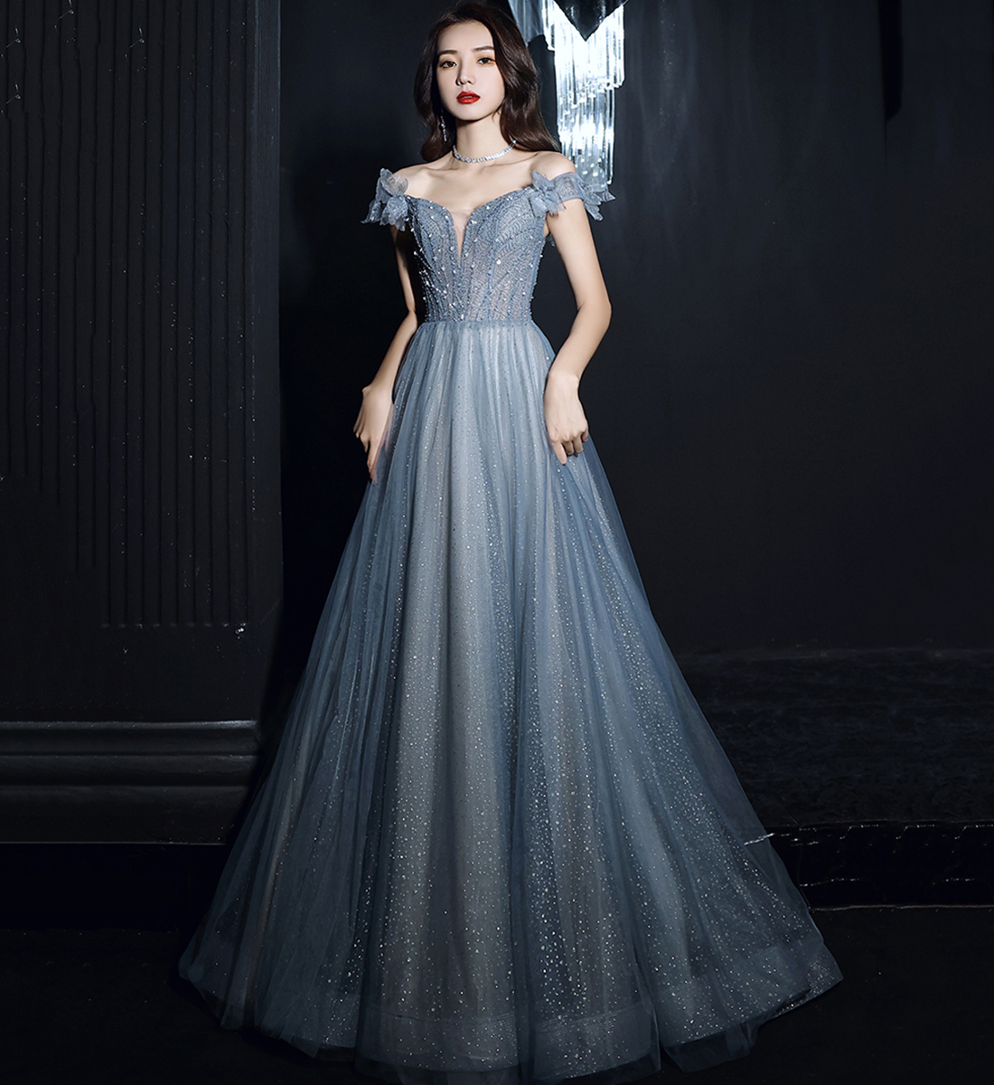 Elegant Tulle Sequins Long Prom Dress Blue Evening Dress,pl3750