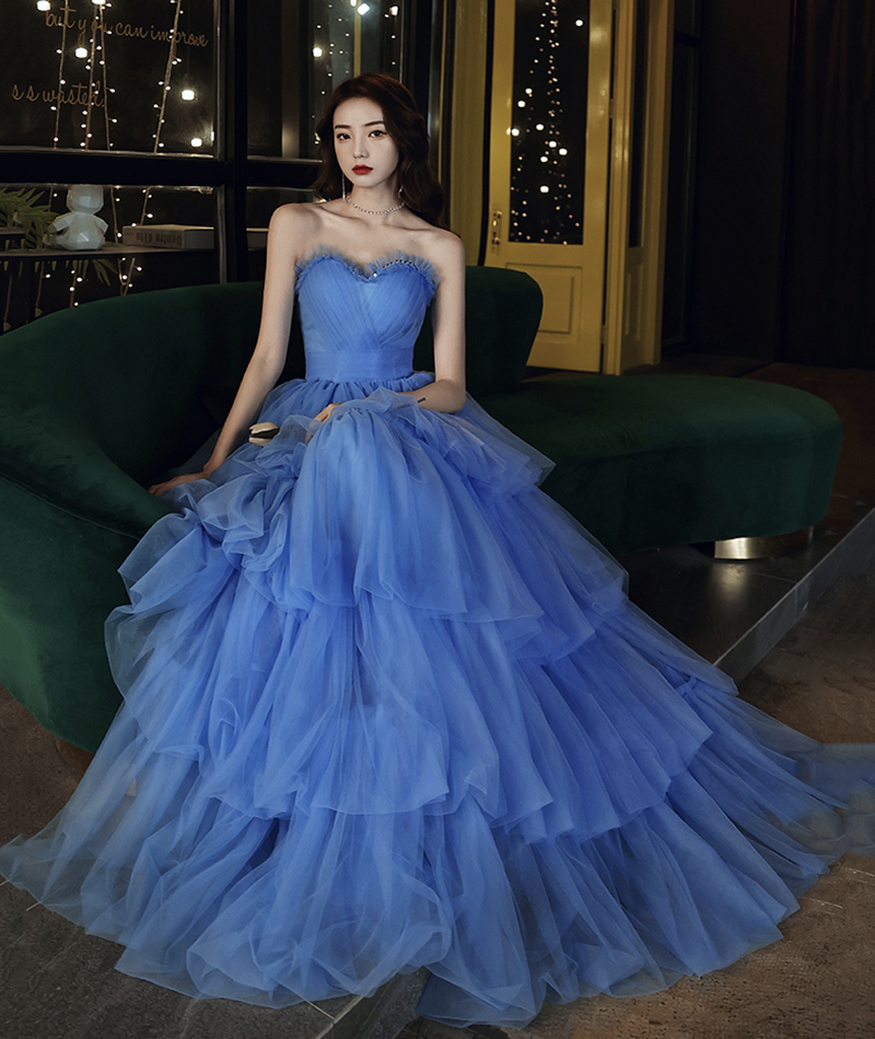 Blue Tulle Long Prom Dress Blue Evening Dress,pl3756