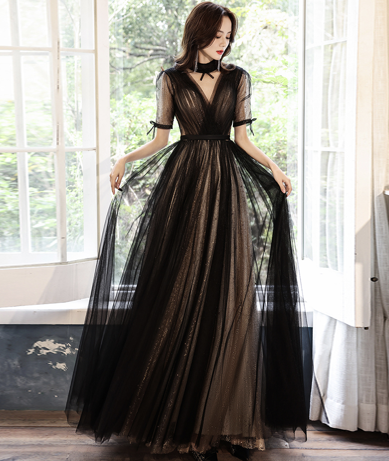 Black Tulle Long Prom Dress Blue Evening Dress,pl3757