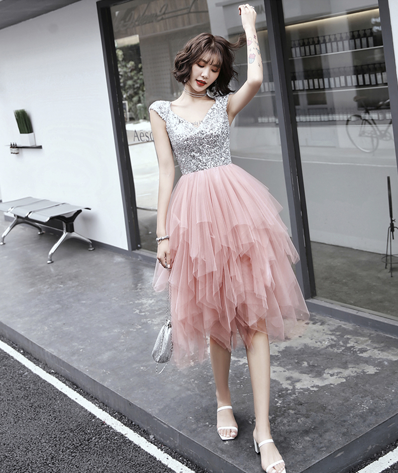 Pink A Line Irregular Tulle Prom Dress Evening Dress,pl3799