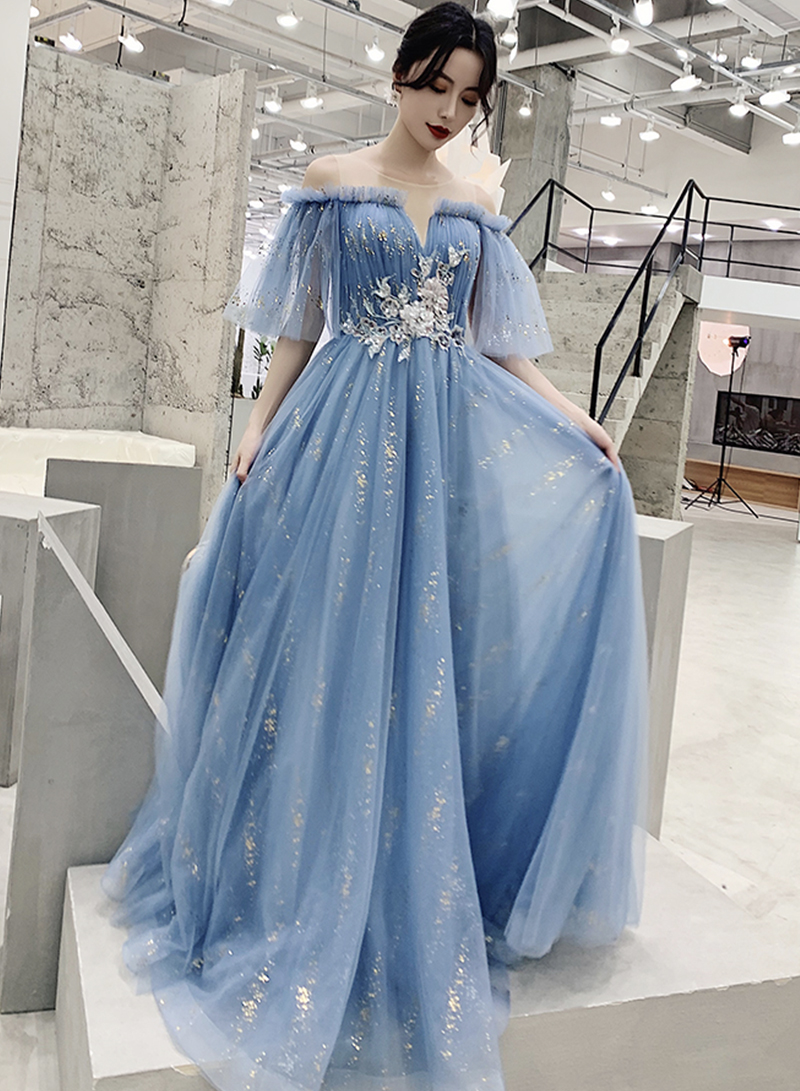 Blue Tulle Sequins Long Prom Dress Evening Dress,pl3819