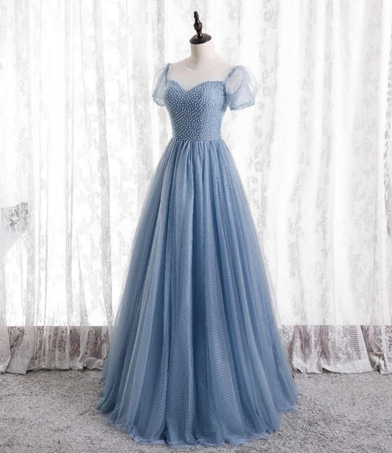 Blue Tulle Long A Line Prom Dress Blue Evening Dress,pl3842