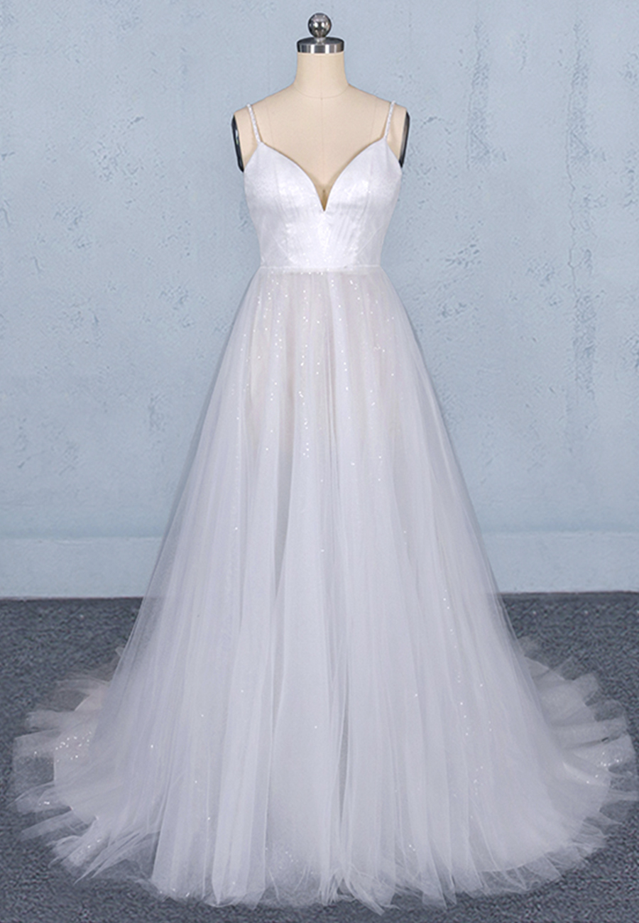 White Tulle Sequins Long Prom Dress White Evening Dress,pl3856