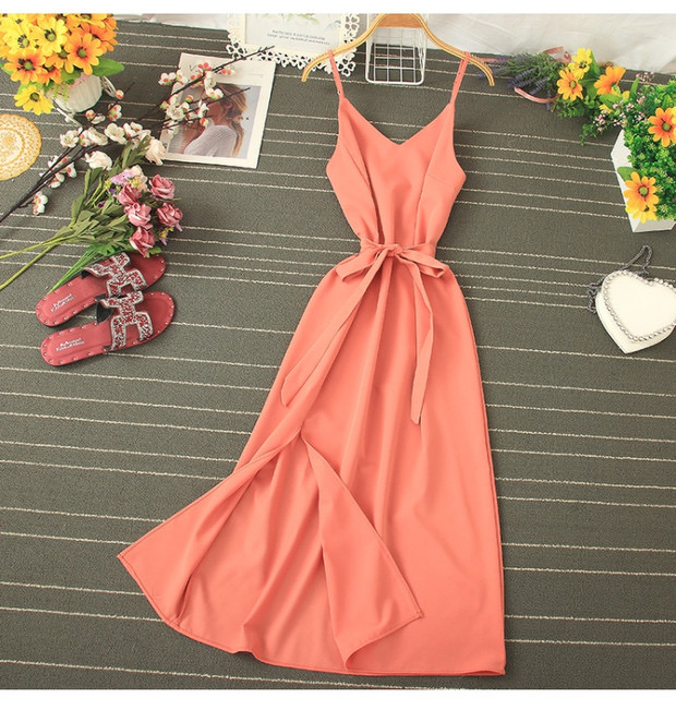 Spaghetti Strap Solid Slit Dress main image 1