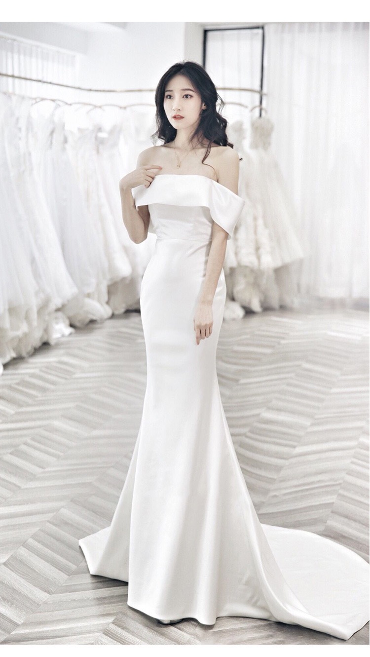 Off Shoulder, Sexy, Backless Satin Light Wedding Dress, Simple Mermaid Bridal Dress ,custom Made,pl3906