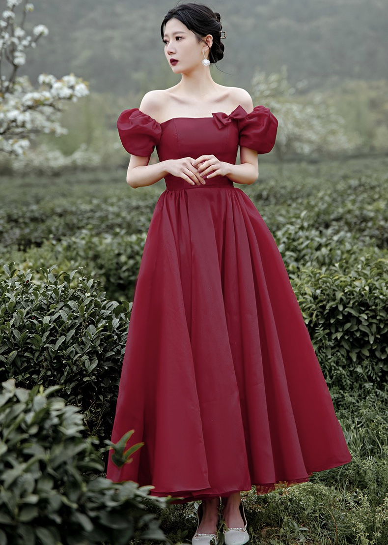 Off Shoulder Prom Dress,red Party Dress,hubble-bubble Sleeve Midi Dress ,custom Made,pl3913