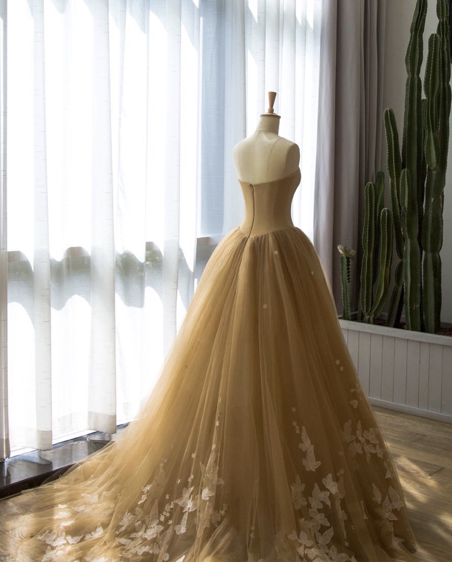 Strapless Prom Dress,yellow Tulle Wedding Dress,ball Gown Bridal Dress,custom Made,pl3925
