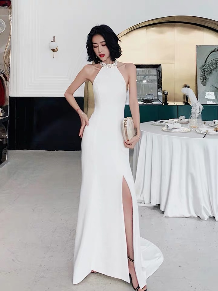 White Evening Dress, Noble, Socialite Party Dress, Sexy Fashion Slit Dress,custom Made,pl3944