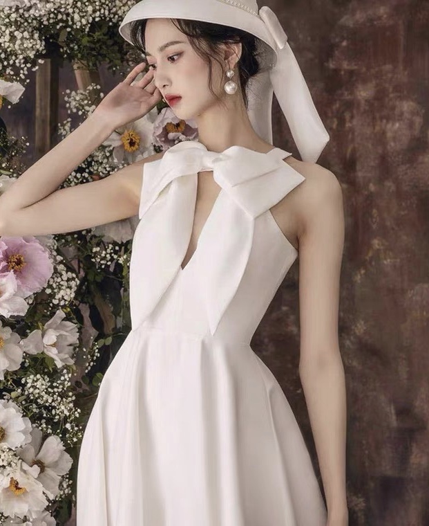 White Prom Dress,satin Bridal Dress,halter Neck Party Dress,custom Made,pl3955