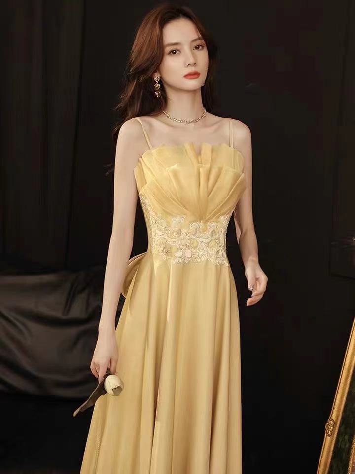 Light Yellow Spaghetti Straps Sheath Satin Ruffles Long Party Dress, DP4768