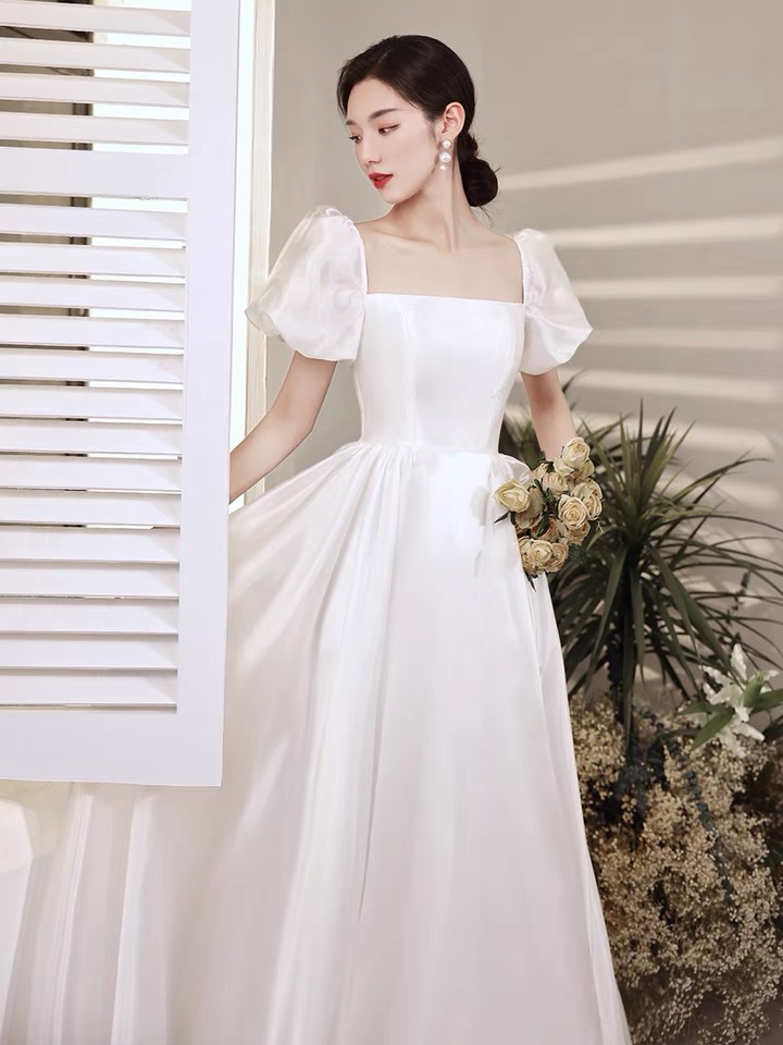 French Light Wedding Dress,white Satin Bridal Dress, Simple Evening Dress,custom Made,pl3971