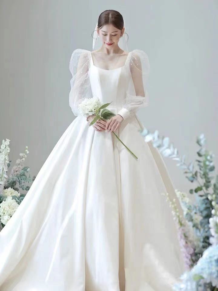 White Wedding Dress,transparent Long Sleeve Wedding Dress,satin Ball Gown Wedding Dress ,custom Made,pl3977