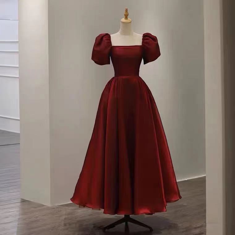 Red Party Dress,puff Sleeve Evening Dress,satin Long Prom Dress,backless Floor Length Dress,custom Made,pl3992