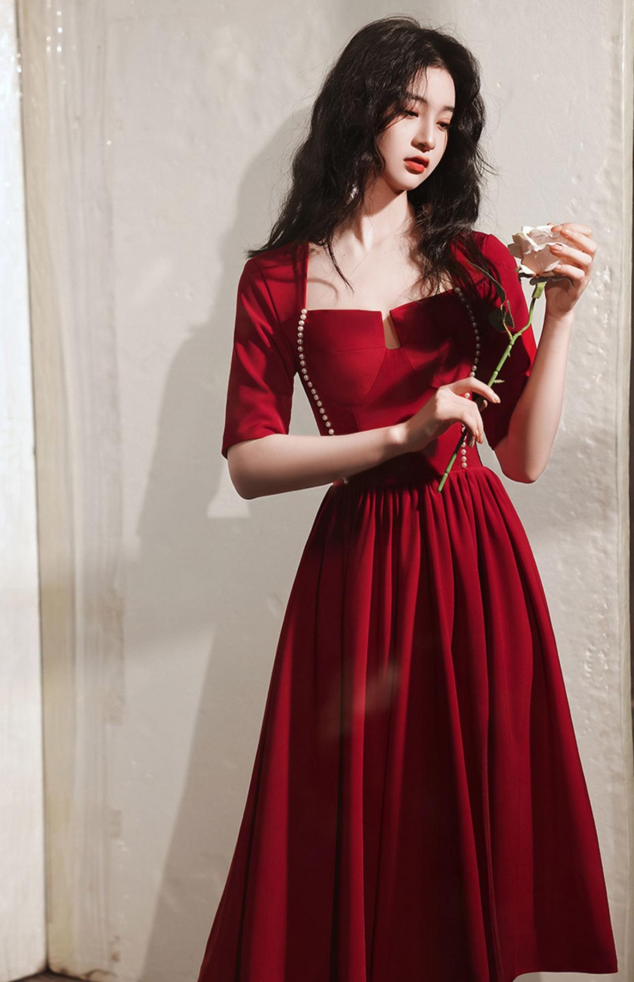 ,red Midi Dress,long Sleeve Red Dress,vintage Dress,custom Made,pl3994