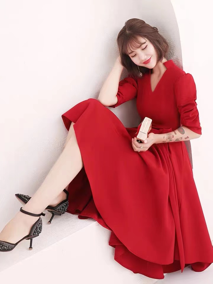 ,red High Low Dress,long Sleeve Midi Dress,high Neck Wedding Guest Dress,custom Made,pl3995