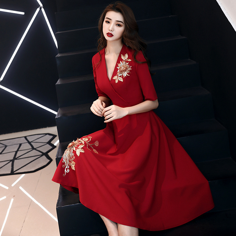 Style, V-neck, Modern Fashion Dress, Elegant Embroidered Midi Dress,custom Made,pl4035