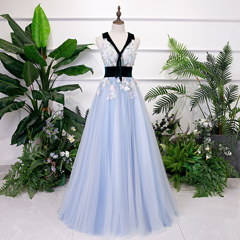 Spring And Summer Stage Performance Dress, Blue Evening Dress, V-neck Bouffant Dress,custom Made,pl4057
