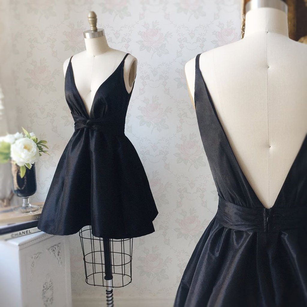 Short Black Satin Prom Homecoming Dresses, Black Formal Graduation Evening Dresses EP1436 main image 1