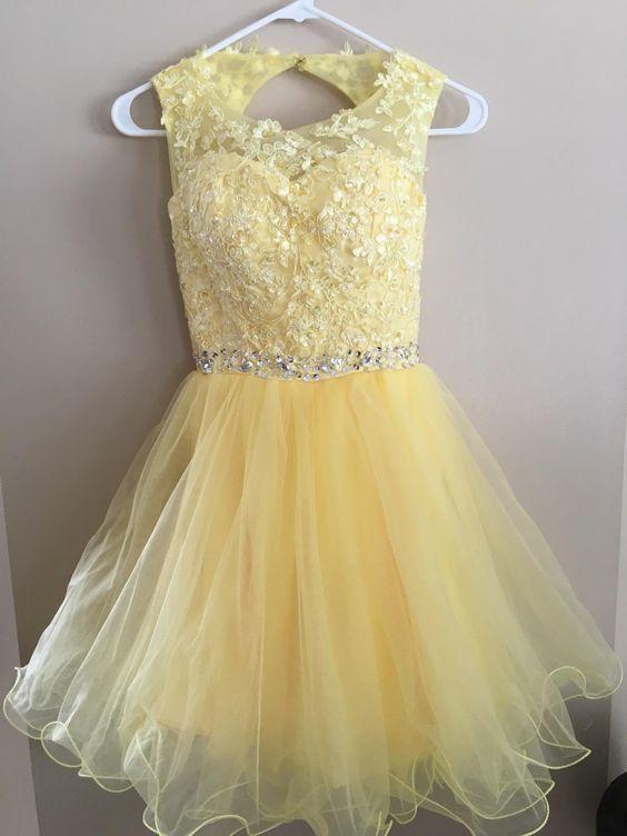 Yellow Tulle Lace Homecoming Dresses, Sleeveless Cocktail Dresses With Beaded Belt,pl4127