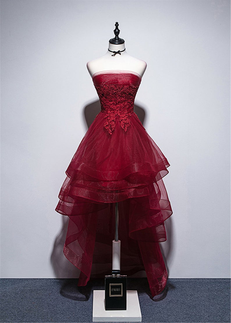 Strapless Burgundy High-low Prom Dress,short Prom Gown,burgundy Evening Dress,short Wedding Bridal Dress,pl4170