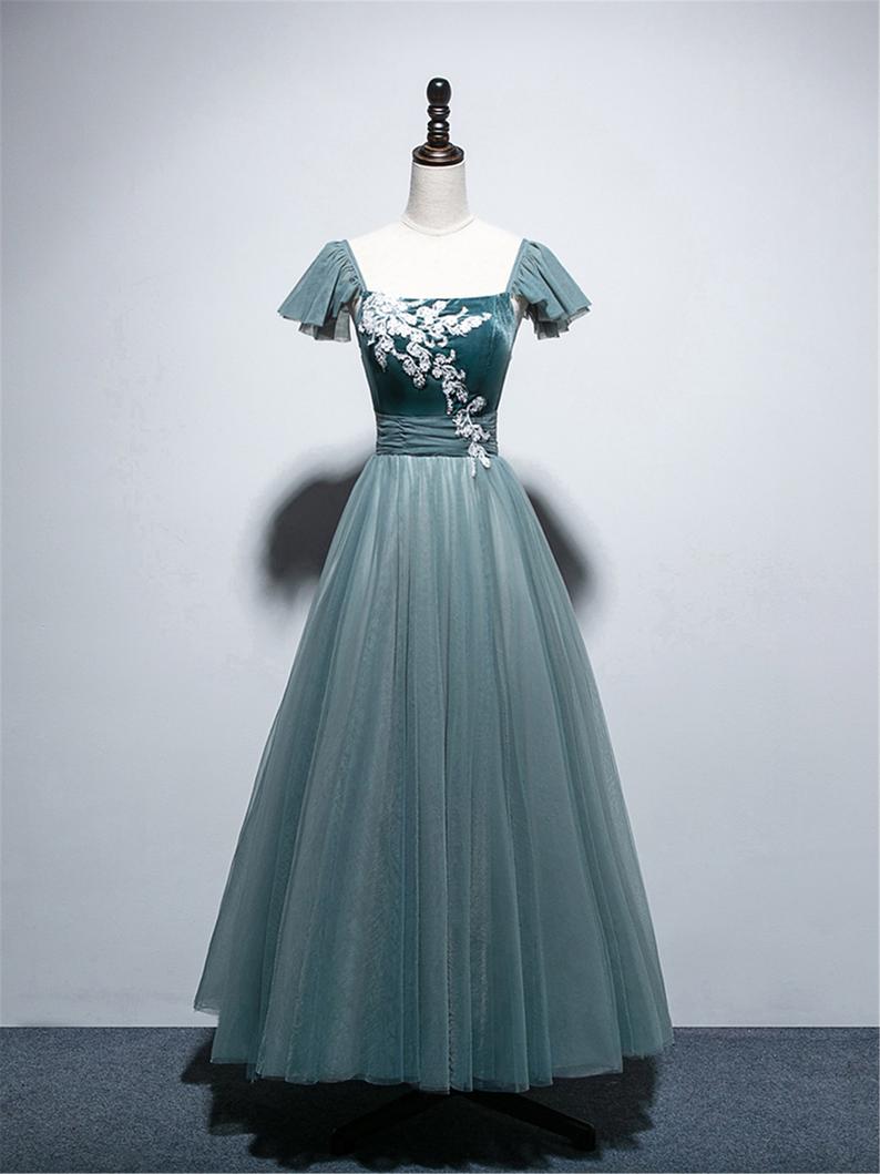 Dusty Green Long Prom Dress With Sleeves,velvet Prom Gown With