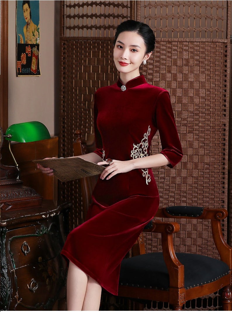 Spring Autumn Corduroy Chinese Traditional Fashion Cheongsam Women Girl Qipao Formal Dress,pl4185