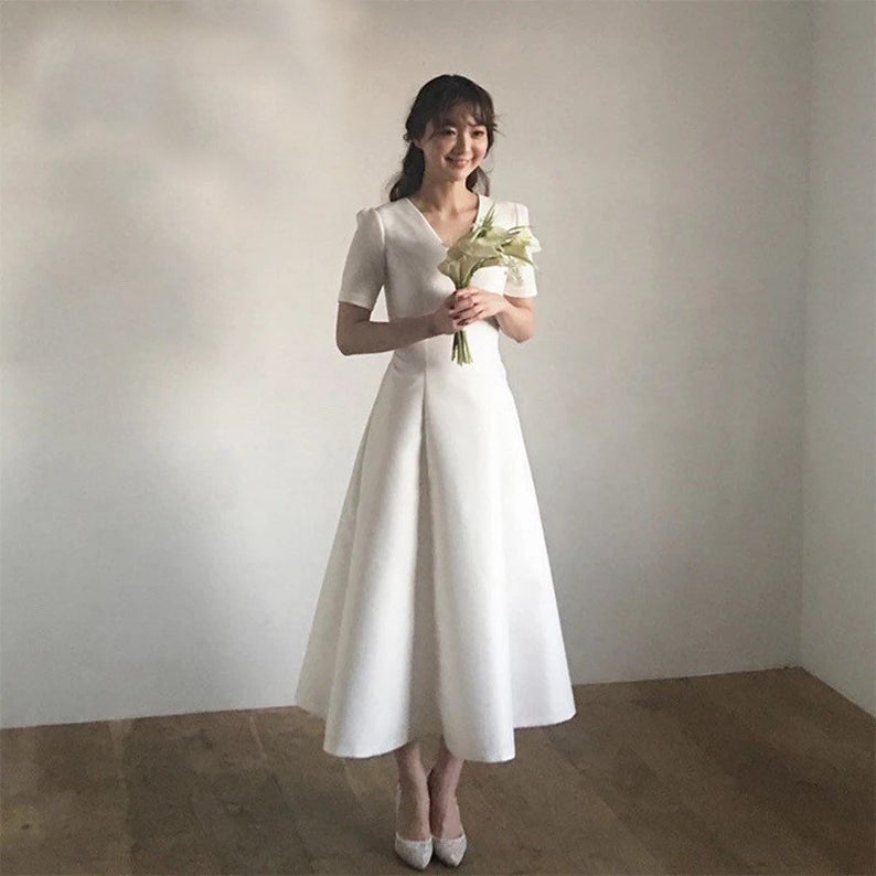 Simple Wedding Dress Satin Tea Length Short Sleeve A-line V Neck,pl4187