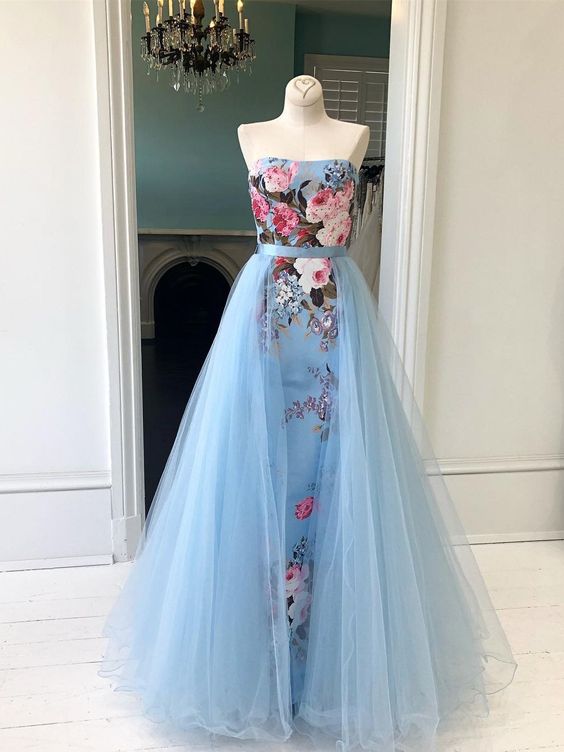 Chic A-line Strapless Light Sky Blue Long Prom Dress Beautiful Beaded Prom Dress Evening Formal Gowns,pl4313