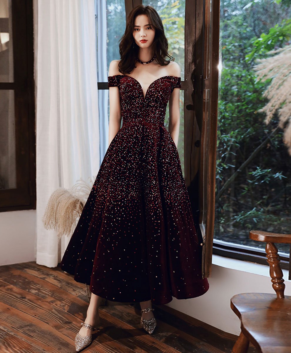 burgundy tea length formal dress