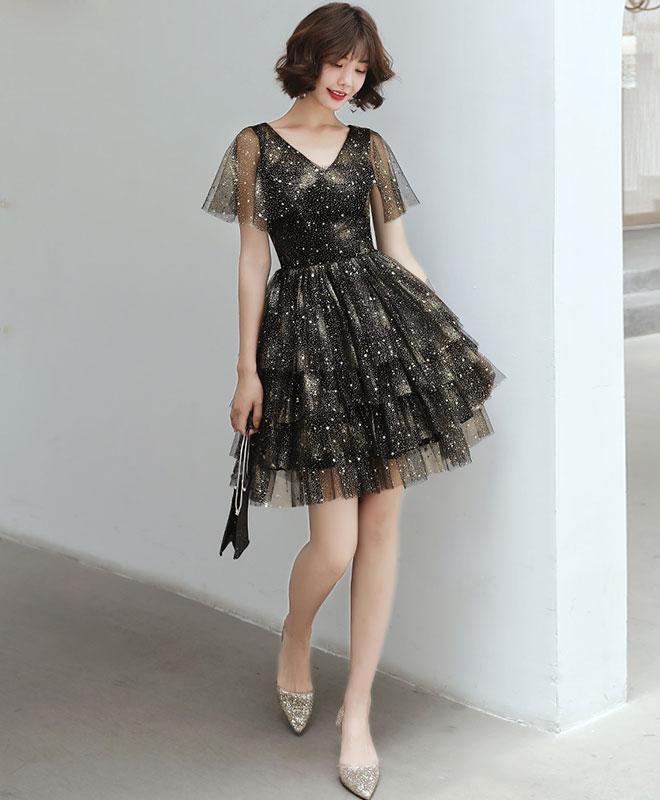 Black V Neck Tulle Sequin Short Prom Dress, Black Homecoming Dress,pl4392