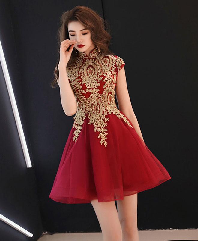 Burgundy Lace Tulle Short Prom Dress, Burgundy Homecoming Dress,pl4397