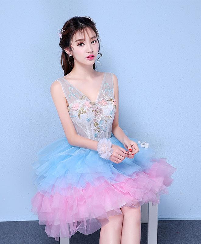 Cute V Neck Blue And Pink Short Prom Dress, Sweet 16 Dress,pl4424