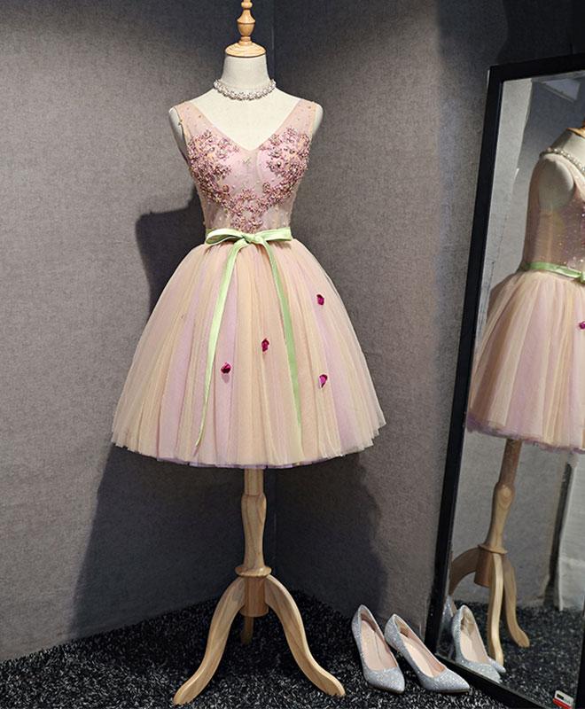High Quality Pink V Neck Tulle Short Prom Dress, Homecoming Dress,pl4450