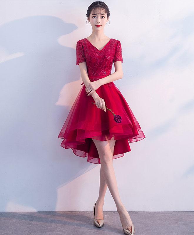 Burgundy V Neck Tulle Lace Short Prom Dress, Burgundy Homecoming Dress,pl4453