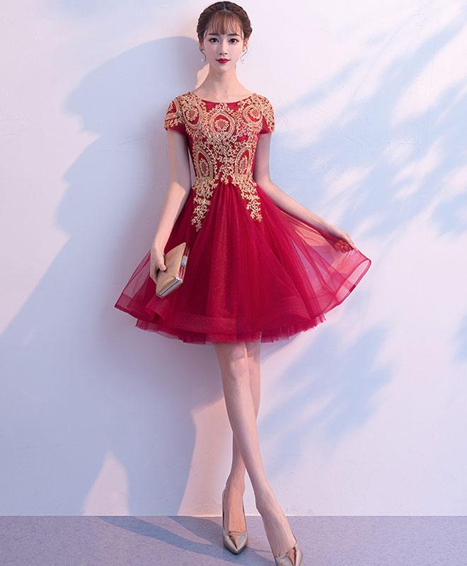 Burgundy Tulle Lace Short Prom Dress, Burgundy Lace Homecoming Dress,pl4458
