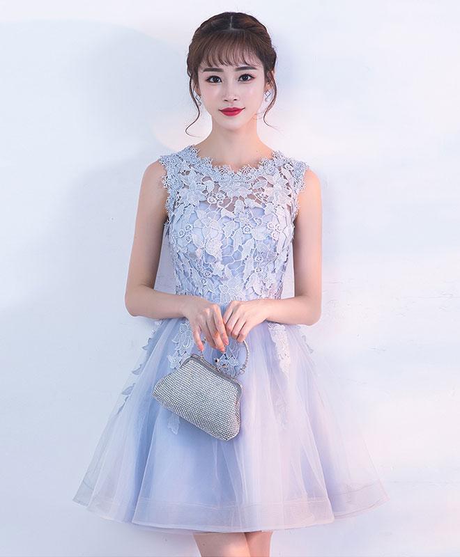 Gray Tulle Lace Short Prom Dress, Gray Homecoming Dress,pl4467