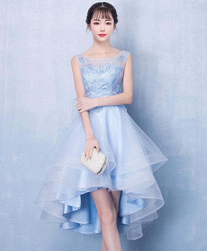 Blue Tulle High Low Lace Prom Dress, Blue Tulle Lace Homecoming Dress,pl4472