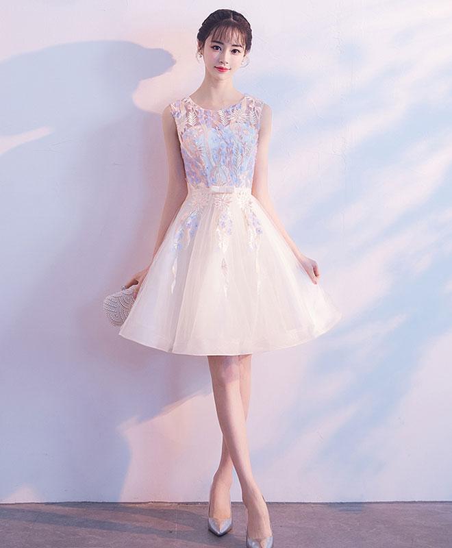 Light Champagne Tulle Lace Short Prom Dress, Tulle Homecoming Dress,pl4475