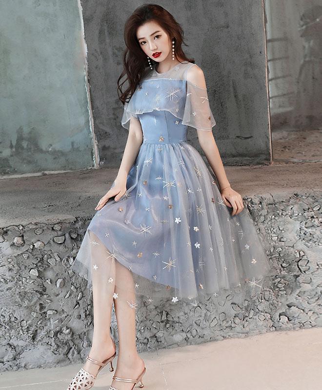 Blue Tulle Lace Short Prom Dress, Blue Homecoming Dress,pl4483