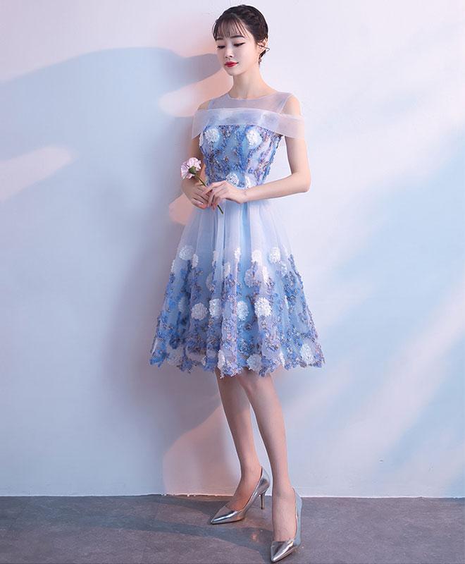 Blue round neck tulle lace short prom dress, blue homecoming dress,DS1978