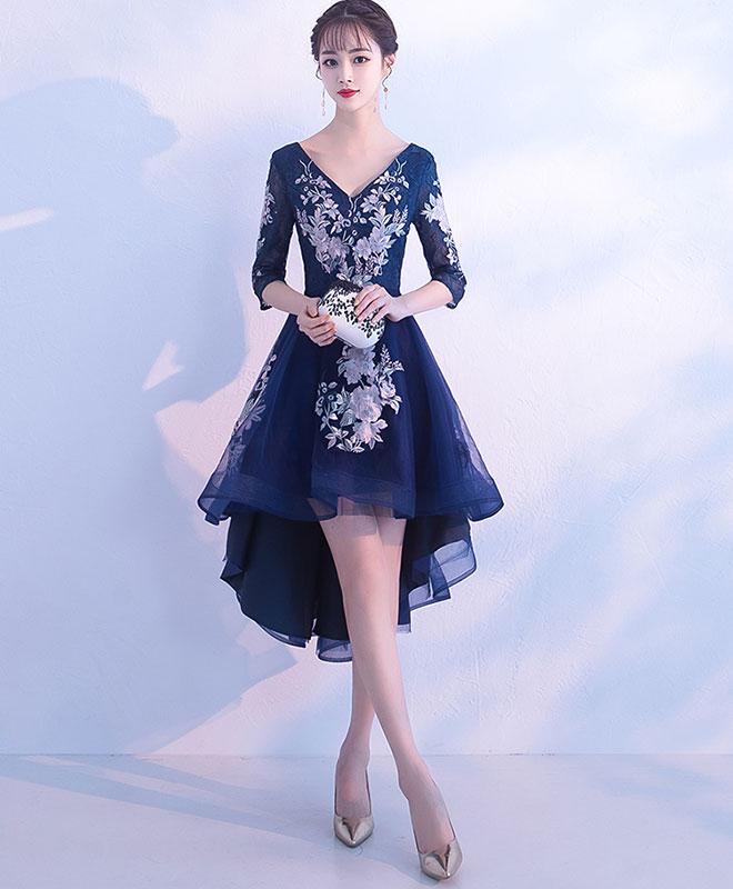 Dark Blue V Neck Tulle Lace Short Prom Dress, Homecoming Dress,pl4514