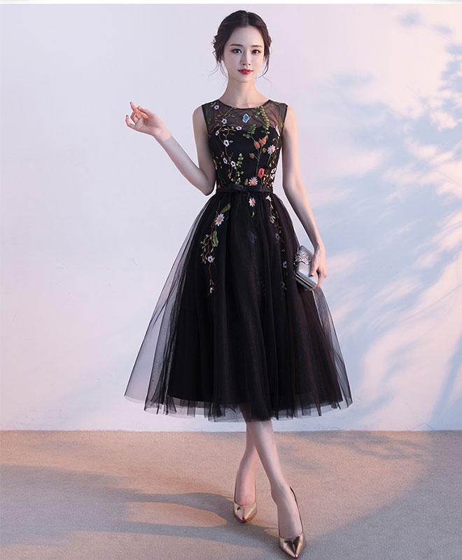 Black Round Neck Lace Tulle Short Prom Dress, Black Evening Dress,pl4539