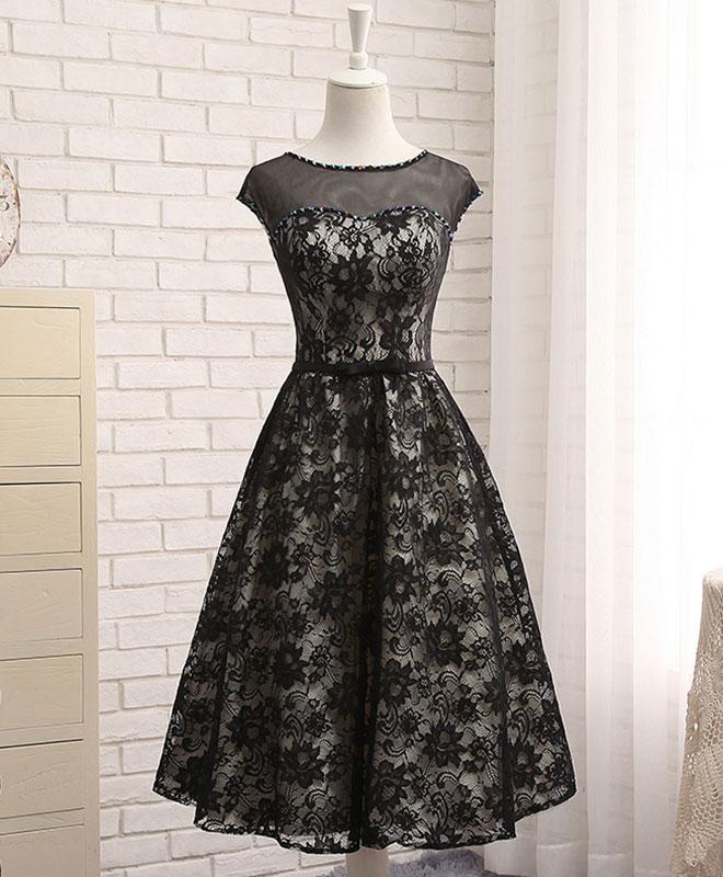 Black Lace Tea Length Prom Dress, Black Evening Dress,pl4551