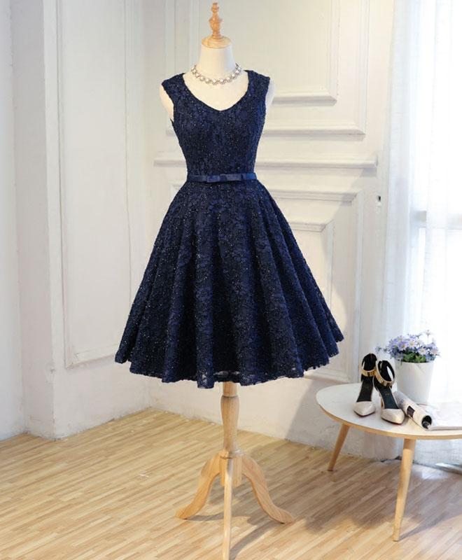Dark Blue Lace Short Prom Dress, Blue Homecoming Dress,pl4553