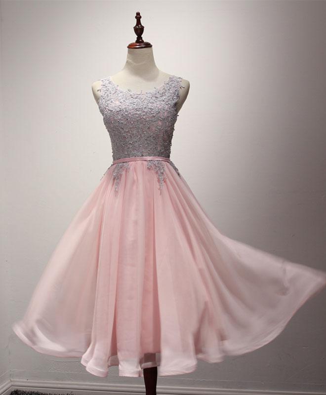Pink Tulle Lace A Line Tea Length Prom Dress, Pink Evening Dress,pl4558