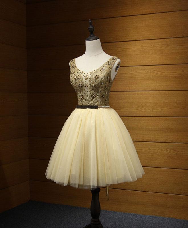 Cute Gold Tulle Lace Short Prom Dress, Cute Evening Dress,pl4560