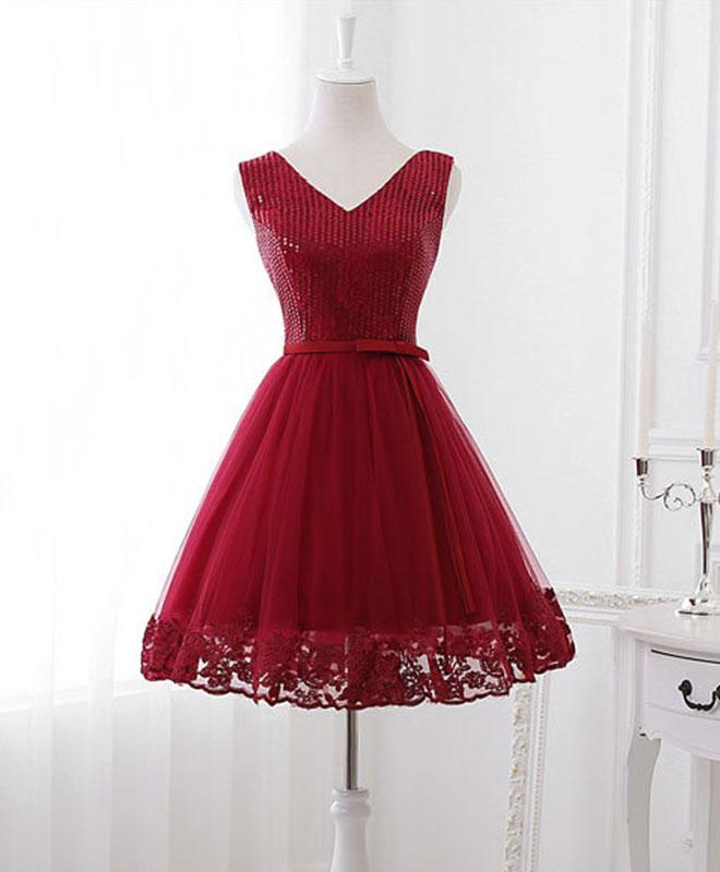 Cute V Neck Sequins Tulle Short Prom Dress, Homecoming Dress,pl4563
