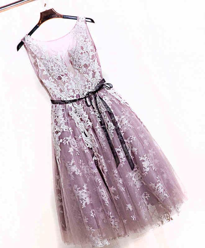Cute Pink Lace Short Prom Dress, Pink Evening Dress,pl4564